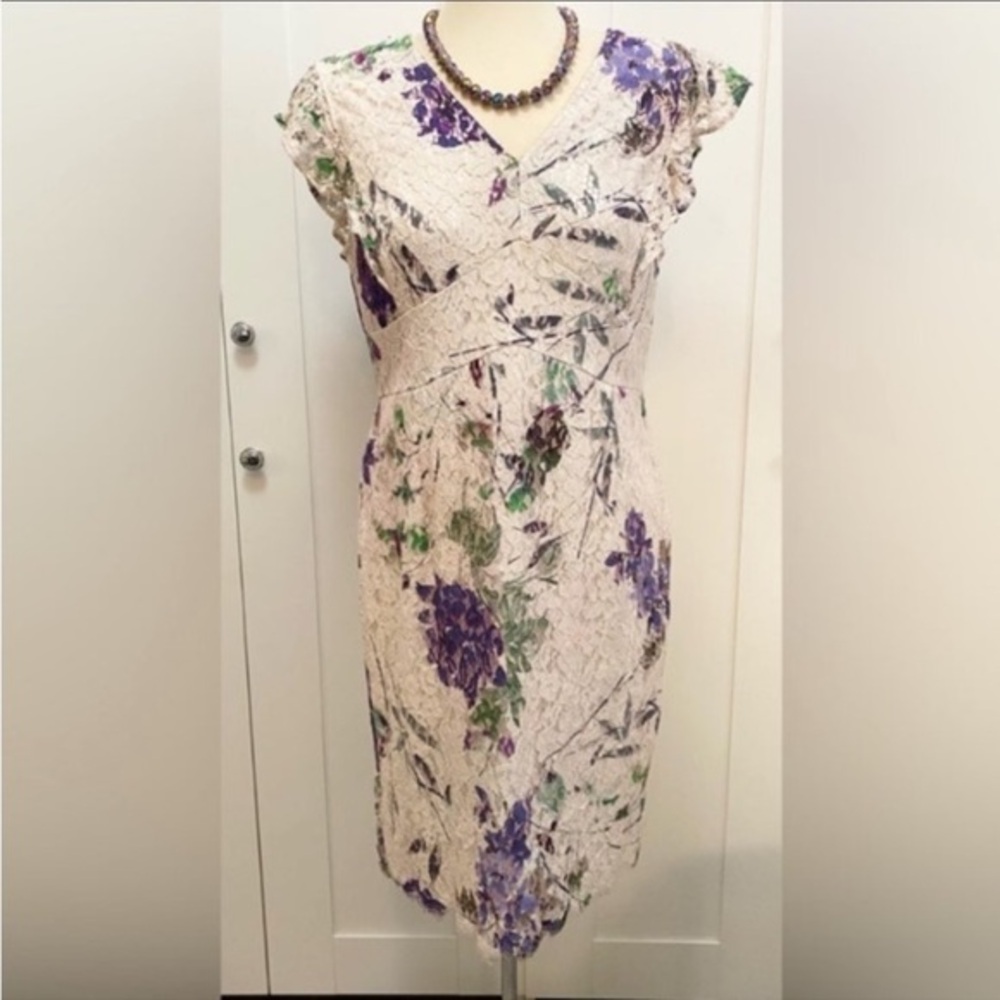 DKNY Floral Print Lace V Neck Cocktail Dress Purple Blush Green & Cream Sz 12
